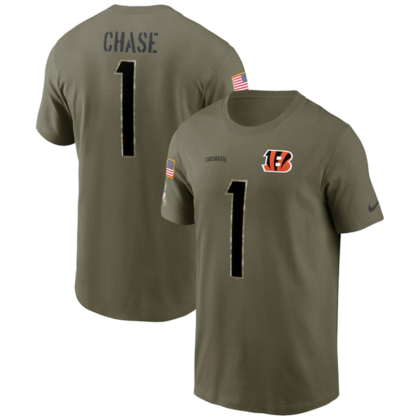 Men's Cincinnati Bengals #1 Ja'Marr Chase 2022 Olive Salute To Service T-Shirt